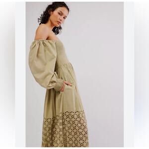 Free People Perfect Storm Midi Dress in Sage Green Cotton Puff Sleeve